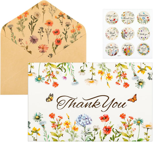 ROLYTA 24 Pack Floral Thank You Cards with Envelopes, Blank Inside Wildflower Note