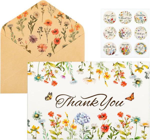 ROLYTA 24 Pack Floral Thank You Cards with Envelopes, Blank Inside Wildflower Note