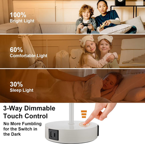 15.75''H 3-Way Dimmable 2 E26 Bulb Table Lamp Touch Control, Small Bedside Lamps with USB Ports & AC Outlet, Nightstand