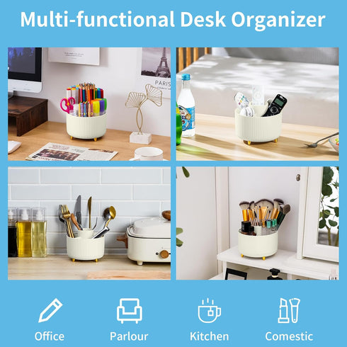 Marbrasse Desk Organizer, 360-Degree Rotating Pen Holder for Desk, Desk Organizers and Accessories with 5 Compartments Pencil Organizer, Art Supply Storage Box Caddy for Office, Home (Ivory) by Marbrasse