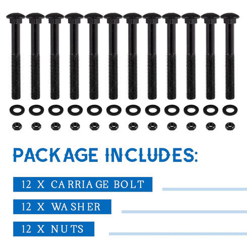 Zonon Carriage Bolt Kit, Galvanized Carriage Bolt Set with Rust Resistance Bolts, Washers, and Nuts (12 Sets, Black,