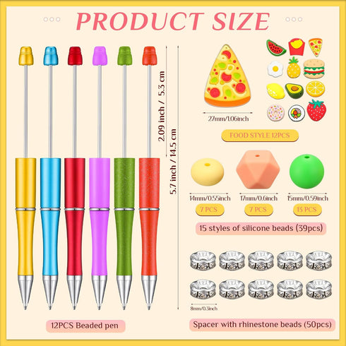 Ctosree 12 Pcs Beadable Pens Kit Silicone Focal Beads for Beadable Pens DIY Cute Animals Bead Pens Making Kit Cow Dinosaur Rainbow Beaded Ballpoint Pen Black Ink School Supplies(Fruit Food)