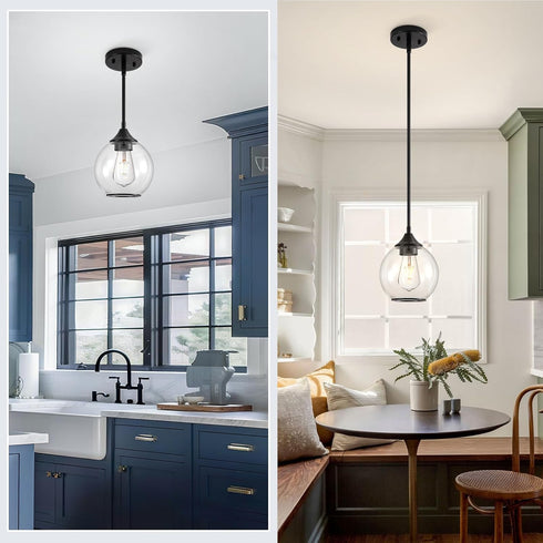 Shade,6.29" 1 Pendant Lights Kitchen Island,Farmhouse Black Pendant Light with Clear Glass Globe Glass Pendant Light