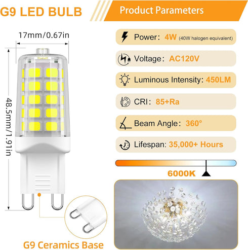 G9 Bulb, 6000K, 4W G9 Bulbs, 40W T4 G9 360Beam 120V 450LM, 12-Pack BAOMING LED Daylight White Base Light Halogen