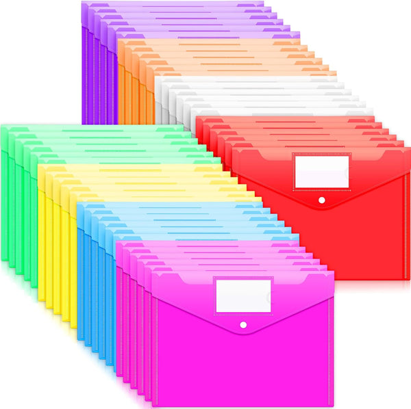 Sooez 48 Pack Plastic Envelopes - Clear A4 Size Document Folders with Label Pocket, 8 Assorted Colors