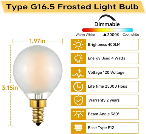G16.5/Type E12 Dimmable Bulb, 4W 3000K 6-Pack G LED Filament Warm White Frosted Glass, Ideal for Chandeliers, Pendant