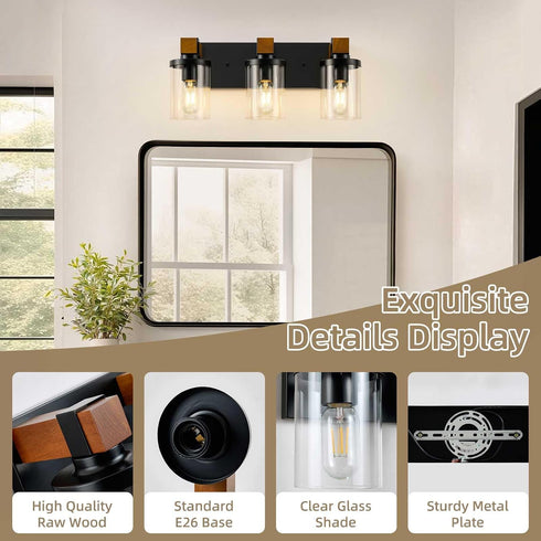 Ablwigh 3-Light Farmhouse Bathroom Light Fixtures, Black Bathroom Vanity Light Fixtures Over Mirror, Rustic Sconces