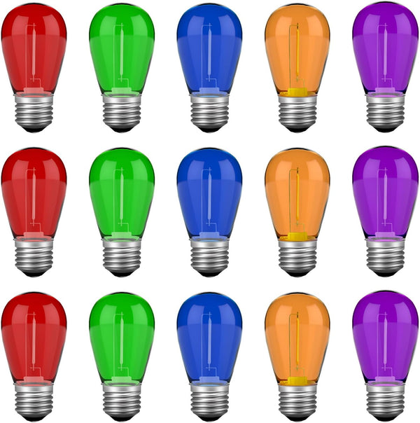 S14 Colored LED String Light Bulbs, 15 Pack, 1 Watt Plastic Shatterproof, E26 Medium Base, Multi-Color