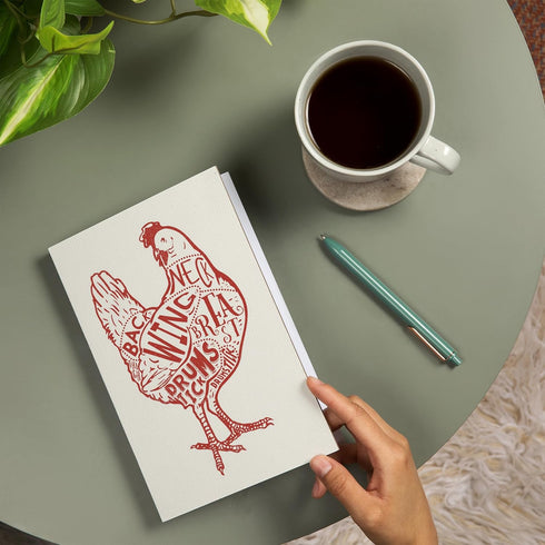 6x9 193 Lantern Press Chicken, Butchers Block Meat Cuts, Red Chicken on White (Lined Journal, Lay Flat, Pages, FSC