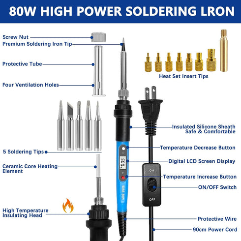 Lunamor Set 80W 110V Set 16-in-1 180-500 Soldering Iron Heat Insert Tool, LCD Digital Soldering Welding Iron Kit