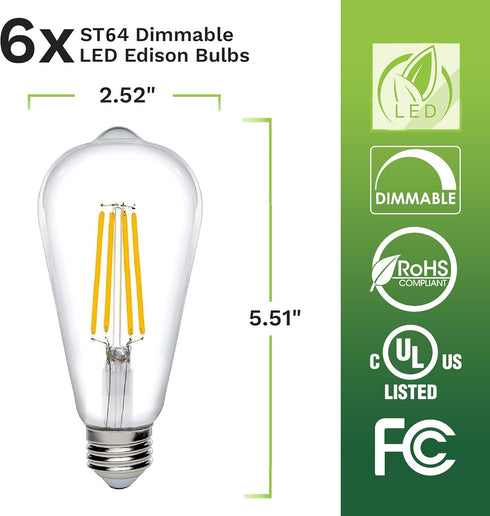 Bioluz LED 92 CRI Dimmable Edison Light Bulbs, 800 Lumen Warm White 2700K, 60W Replacement, 6-Pack
