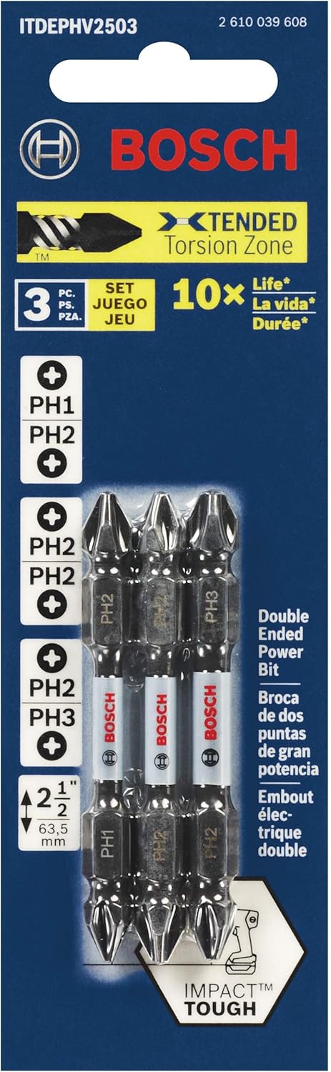 BOSCH ITDEPHV2503 3-Piece Impact Tough Double-Ended Screwdriving Bit Assorted Set, 2-1/2 In.
