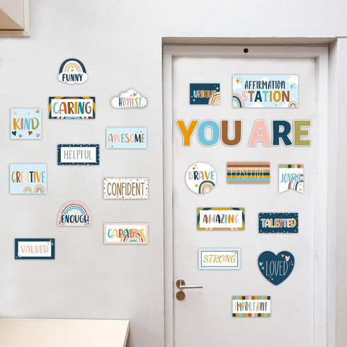 Boho Affirmation Station Bulletin Board Set, Rainbow Bulletin Board for Classroom Decor with Motivational Accents