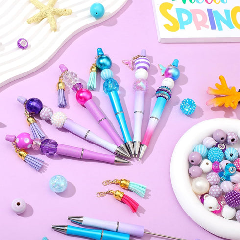 Yeaqee 24 Sets Mermaid Beadable Pens, Assorted Beaded Pen Making Kit, Multicolor Black Ink DIY Ballpoint