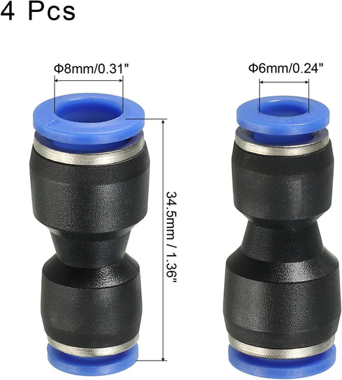 uxcell Push to Connector Fitting, 8mm to 6mm Tube OD Quick Connect Air Line Hose Pipe Fitting Straight Pneumatic Connector, Black 4Pcs