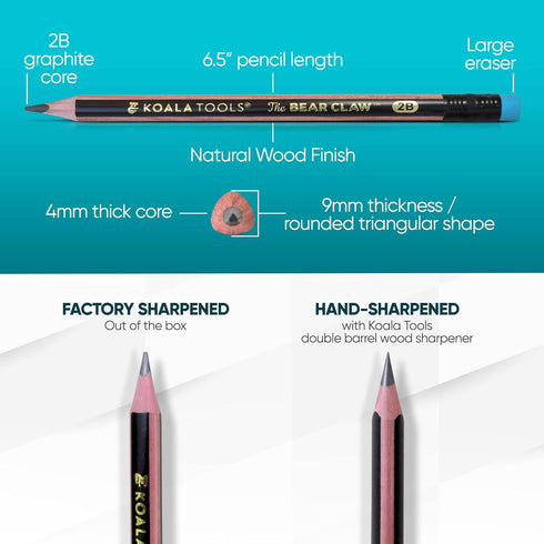 KOALA TOOLS Bear Claw Pencils 1-Pack (6 Pencils) - Thick, Triangular Grip, Graphite, 2B Lead with Eraser