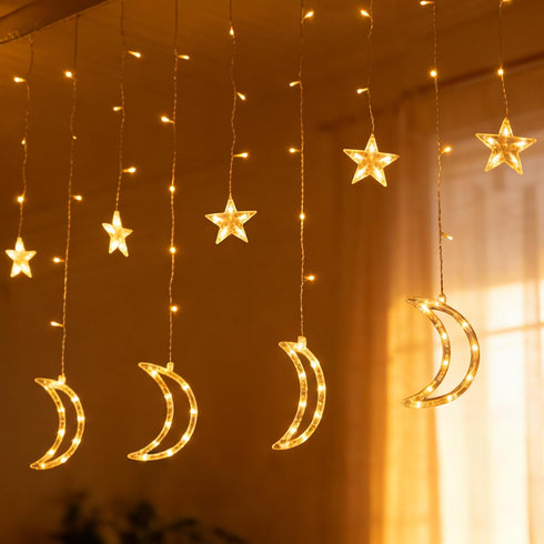 138 8.2 8 TW SHINE Ramadan Star Moon Curtain String Lights, LED FT Star Moon Hanging Lights with Modes and Timer