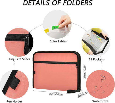 Folder,13 A4 Salmon Expanding Organizer File Pocket Expanding File Folder Accordion Folder with Zipper, Accordion File