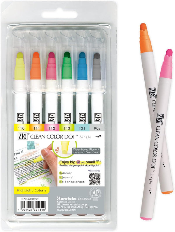 Kuretake CLEAN COLOR DOT Single Highlight Marker Set, 6 Colors for Journals, Crafts, Illustration, Lettering, Made in