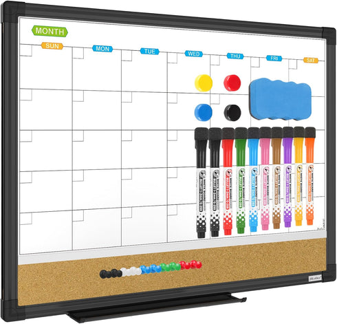 JILoffice Magnetic Calendar Whiteboard & Bulletin Corkboard Combo, 17 x 13 Inch, Black Aluminum Frame