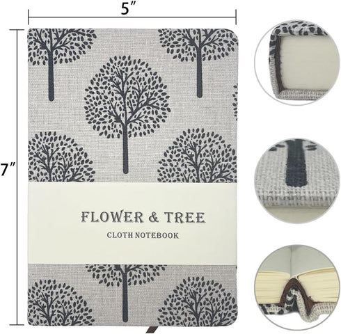Linen Journal, Tree Printed Fabric Cloth Hardcover Notebook, B6, 264 Pages, 5x7 Small Ruled & Blank Sketchbook