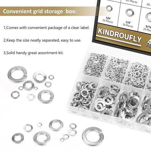 487 Pieces 304 Stainless Steel Lock Washers Assortment Kit, Kindroufly Split Lock Washers, 10 Sizes, 1/2" 3/8" 5/16"