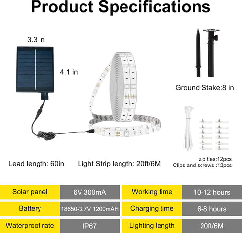 20ft 336LED 8 Solar Led Strip Lights Outdoor, Solar Rope Lights Self-Adhesive Waterproof, Mode with Remote Timer