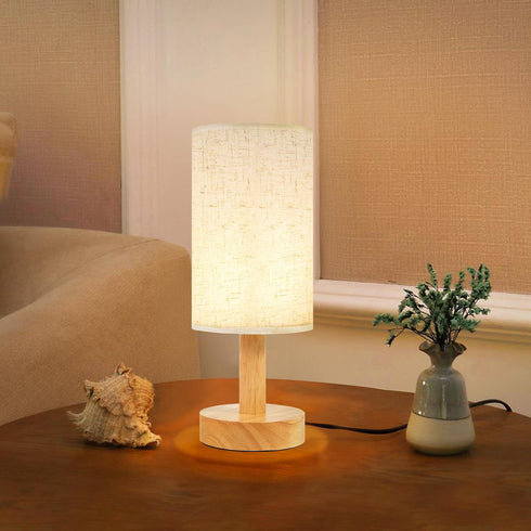 Small Bedside Table Lamp for Bedroom,Natural Round Wood Base&Fabric Linen Shade,Cozy Night