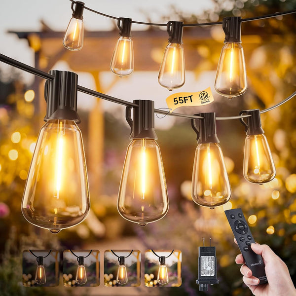 Minetom 55FT Outdoor String Lights with Remote, 25+2 Shatterproof ST38 LED Bulbs,