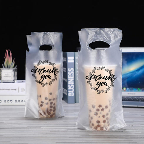 1000 1 Kisston Pcs Drink Carrier for Delivery, Plastic Carrier Bags Thank You Clear Handle Drink Poly Bags Bulk