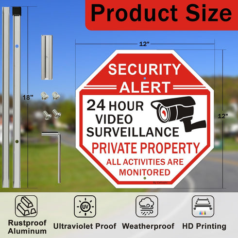 2 Pack 36" 12"x12" Security Sign, Private Property Video Surveillance Sign, with Metal Stakes, Reflective Rust Free