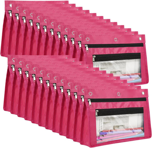 YoeeJob 24 Pack Pencil Pouch for 3 Ring Binder, Expandable Zipper Binder Pouches with Clear Window (Rosy)