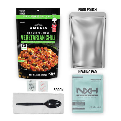 OMEALS Vegetarian Chili-MRE-Extended Shelf Life-Fully Cooked w/Heater-Perfect for Outdoor Enthusiasts, Travelers