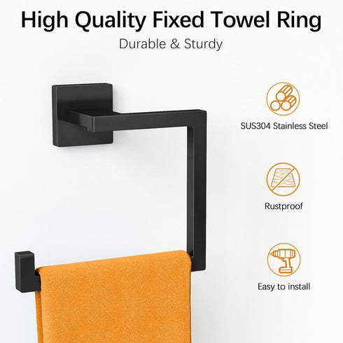 Matte Black Square Towel Ring, Multifunctional Toilet Paper and Hand Towel Holder for Bathroom Wall Mount, Stainless