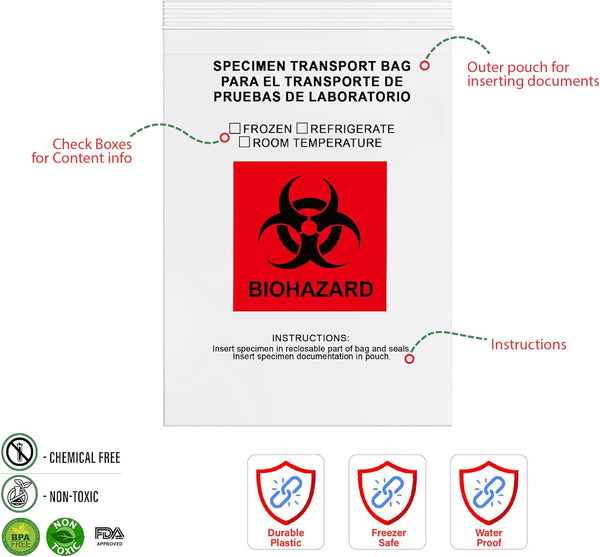 GPI 9" X 12" 100 Pack Biohazard Specimen Zip Bags, 2 Mil Thick for Laboratory or Health Care Samples
