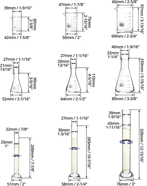 Set, Set, 9 3 3 3 3.3 QWORK Lab Glassware Beaker Flask Cylinder Pieces - Includes Erlenmeyer Flasks, Beakers, & Grade A