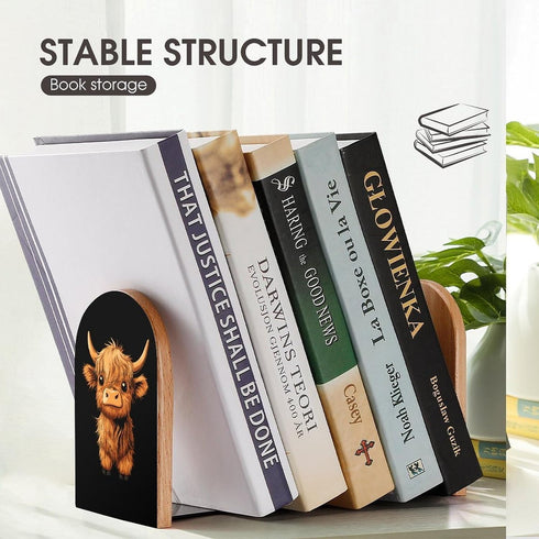 Generic 5 3.1 3.9 Inches Cartoon Highland Cow Wood Book Ends Holder Stand Cute Desk Decor Bookends