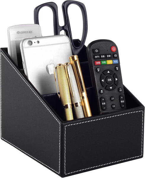 Fashionable Black PU Leather TV Remote Control Holder, 3 Compartments Storage Rack for Desk Organizers