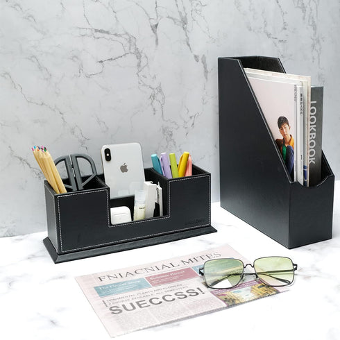 UnionBasic Black Desk Organizer - Leather Multi-Compartment Pen Holder for Office Stationery Organization