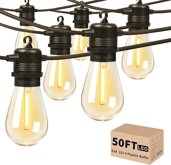 Outdoor String Lights Waterproof, 50ft Patio String Ligths for Outside with 17