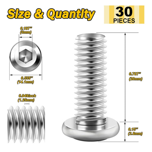 30Pcs M8 x 20mm M8 Bolts - Flat Head Hex Socket Cap Screws, 304 Stainless Steel Furniture Screws