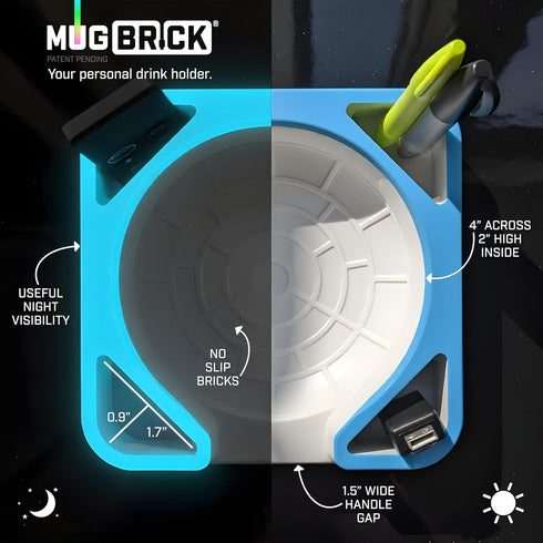 MugBrick Glowing Portable Silicone Cup Holder for Bed, Couch, Nightstand. Dishwasher Safe, Non-Spill Drink Holder