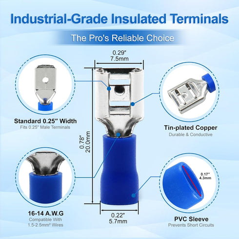Baomain 100-Pack 1/4" Female Quick Disconnect Spade Terminals - Insulated Crimp Connectors 16-14 AWG (Blue)
