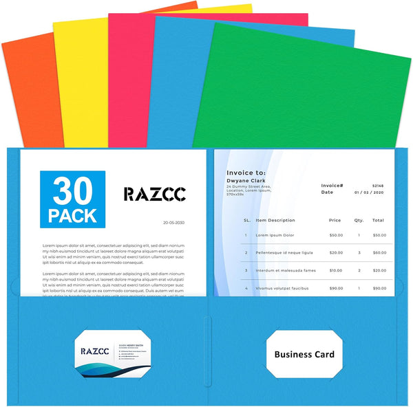 RAZCC Two Pocket Folders, 30 Pack File Folders with Pockets, Thick Paper for School Office Business Home, Assorted