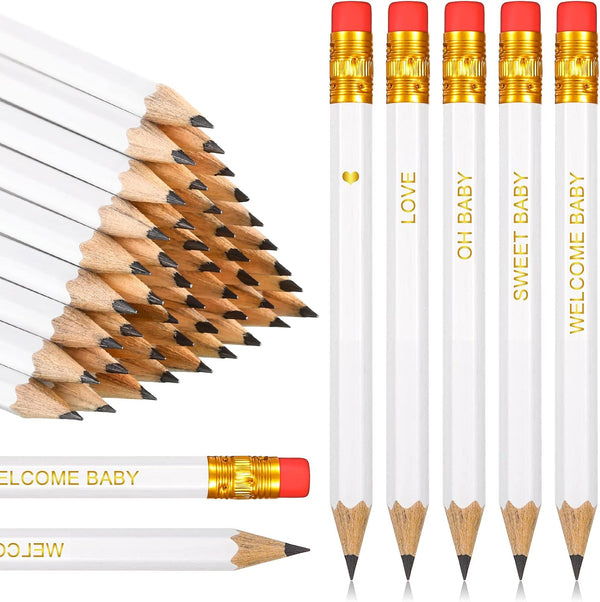 Crtiin 50 Pieces Half Pencils, Baby Shower Pencils with Erasers for School Office Supplies, 4 Inch (White)