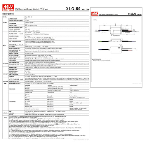 DineDeck XLG-50-A 50W 22-54V IP67 90-305VAC Constant Power LED Driver - Waterproof for Indoor/Outdoor Lighting