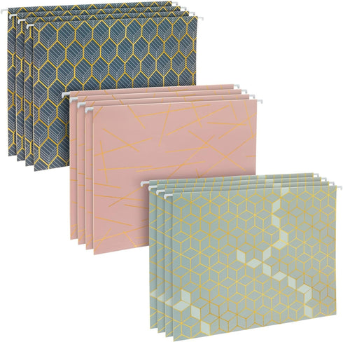 Paper Junkie 12 Pack Decorative Hanging File Folders, 1/5 Tab, Gold Foil Geometric Design, 11.75 x 9