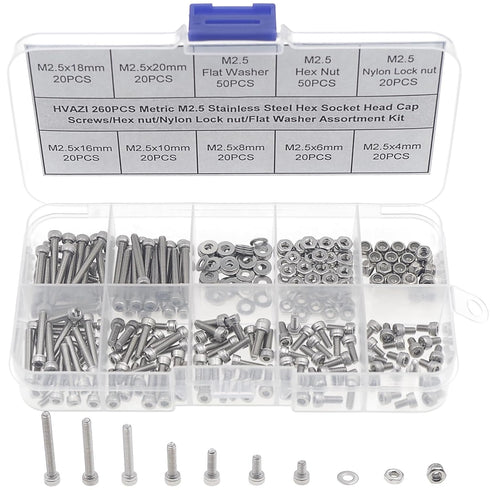 Metric M2.5 Stainless Steel Knurled Socket Head Cap Screws Kit, Screws Lengths from 4mm to 20mm, with Hex Nuts/Nylon
