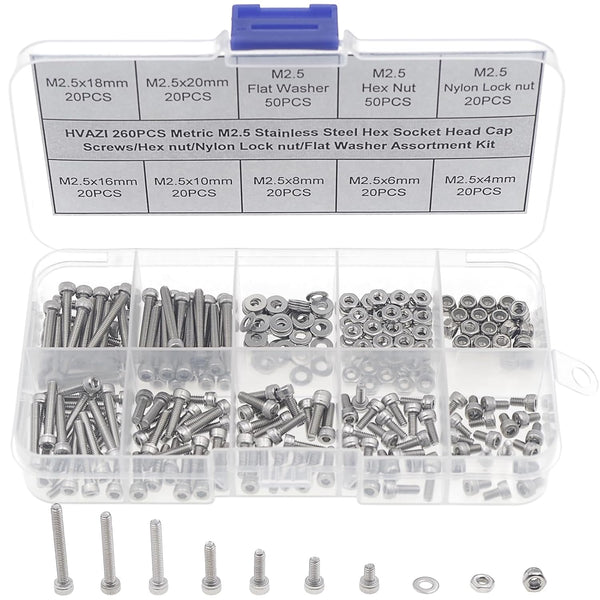 Metric M2.5 Stainless Steel Knurled Socket Head Cap Screws Kit, Screws Lengths from 4mm to 20mm, with Hex Nuts/Nylon