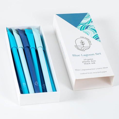 Eco-friendly Pen Crafted from 100% Recycled Paper, Plastic-Free, Black Ink, Pack of 10, Blue Lagoon Set